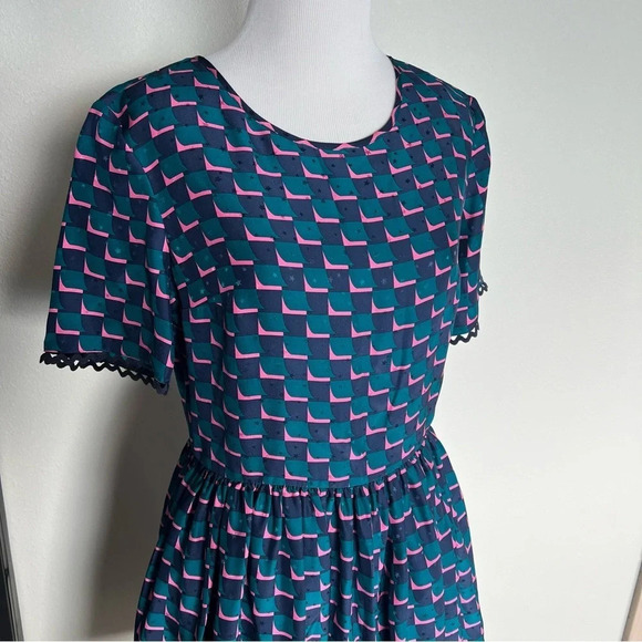 NWOT KENZO Silk Jacquard Scalloped Check Dress Blue Designer Women’s Small - Picture 4 of 13